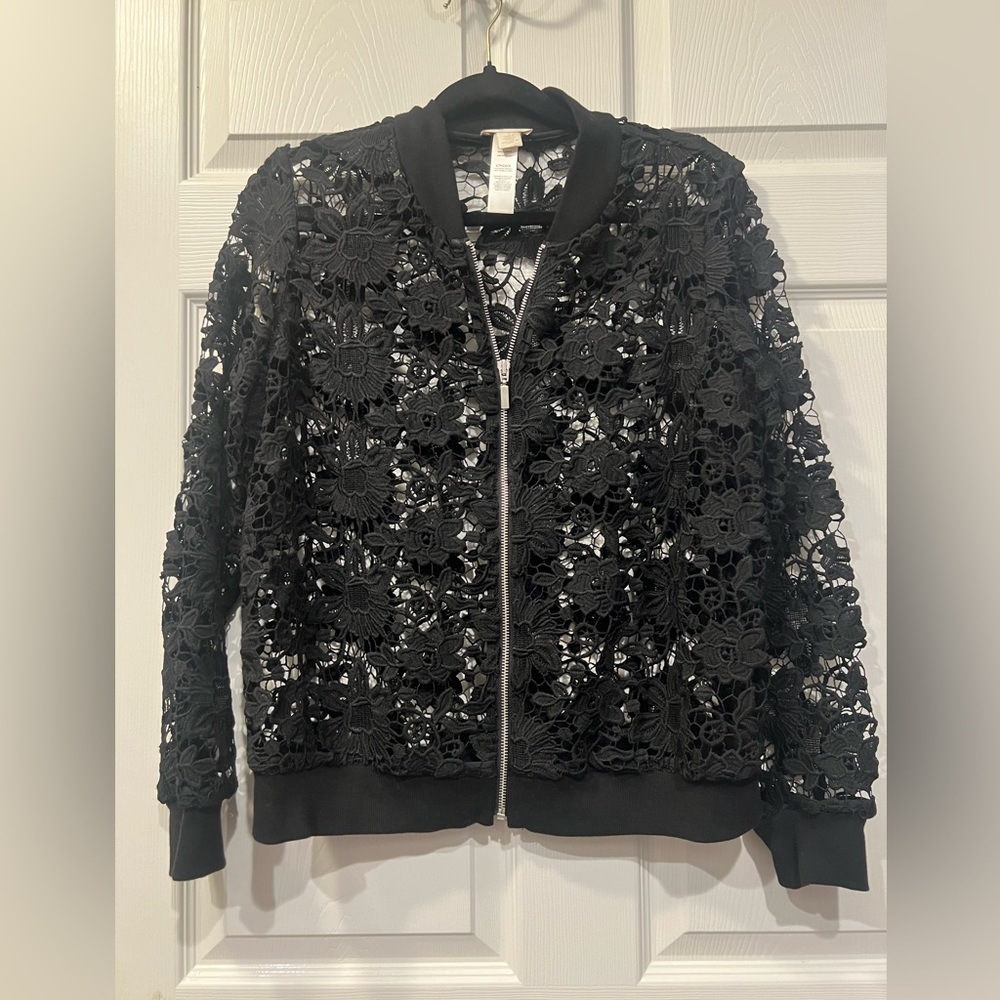 Chico’s Black Lace Zip Up Jacket size 1 (medium)